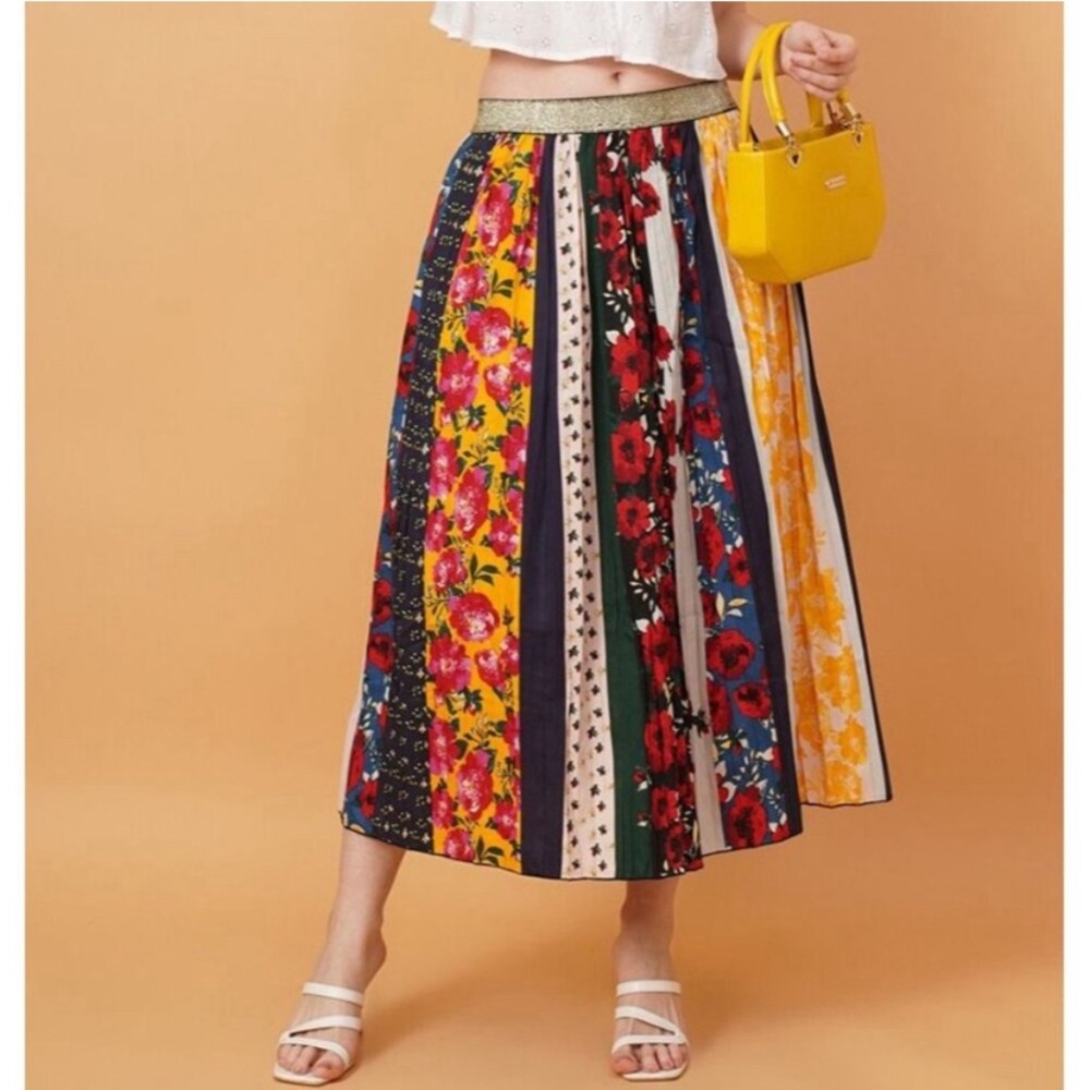 Anthropologie mixed print floral pleated boho elegant midi satin silk skirt - Picture 1 of 12